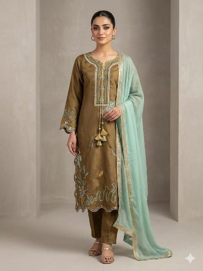 Olive Green &amp; Mint Green Embroidered Straight Suit for Women - BONYHUBSALWAR KAMEEZ