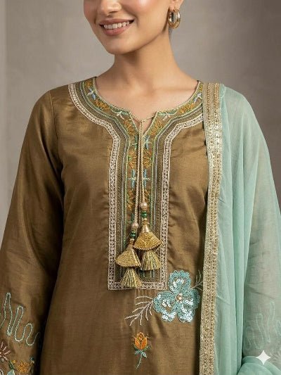Olive Green &amp; Mint Green Embroidered Straight Suit for Women - BONYHUBSALWAR KAMEEZ