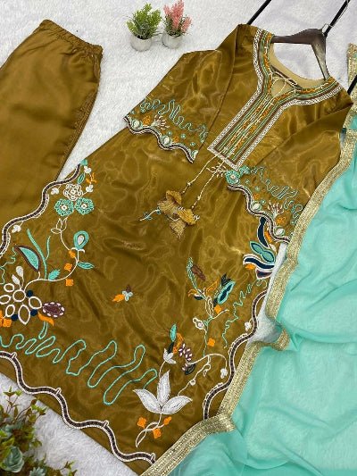 Olive Green &amp; Mint Green Embroidered Straight Suit for Women - BONYHUBSALWAR KAMEEZ