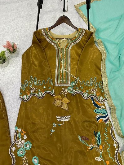 Olive Green &amp; Mint Green Embroidered Straight Suit for Women - BONYHUBSALWAR KAMEEZ