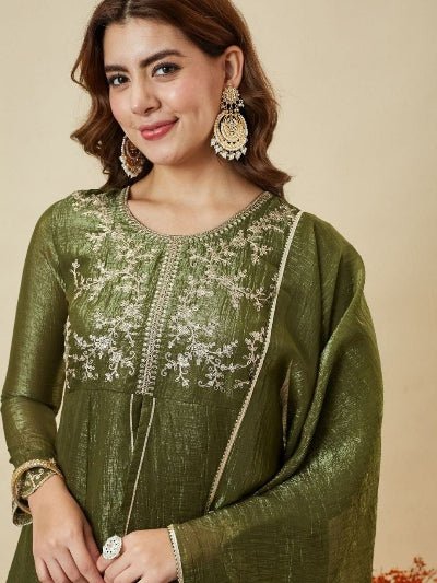 Olive Green Silk Peplum Kurta Set with Dupatta - BONYHUBSALWAR KAMEEZ