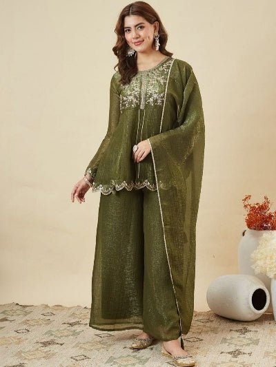 Olive Green Silk Peplum Kurta Set with Dupatta - BONYHUBSALWAR KAMEEZ