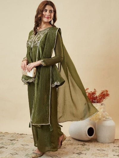 Olive Green Silk Peplum Kurta Set with Dupatta - BONYHUBSALWAR KAMEEZ