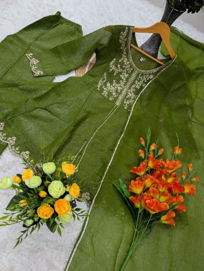 Olive Green Silk Peplum Kurta Set with Dupatta - BONYHUBSALWAR KAMEEZ