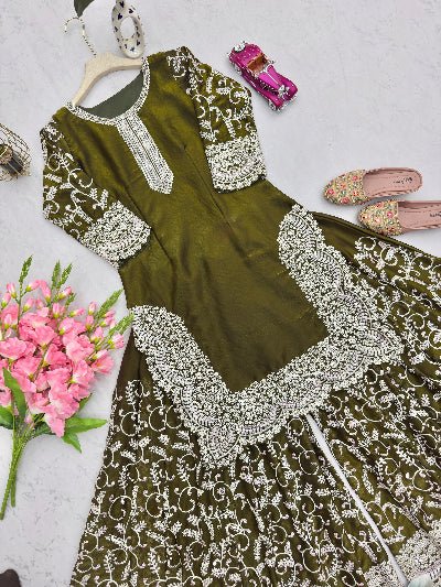 Olive Green Silk Rich Embroidery Work Sharara Suit Set - BONYHUBSALWAR KAMEEZ