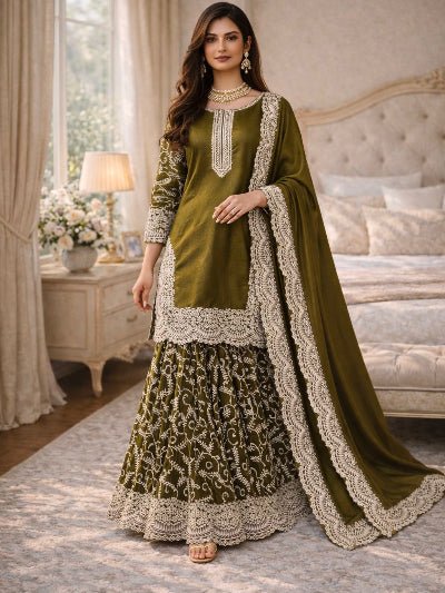 Olive Green Silk Rich Embroidery Work Sharara Suit Set - BONYHUBSALWAR KAMEEZ