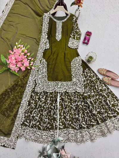 Olive Green Silk Rich Embroidery Work Sharara Suit Set - BONYHUBSALWAR KAMEEZ