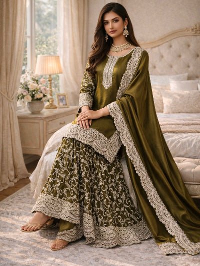 Olive Green Silk Rich Embroidery Work Sharara Suit Set - BONYHUBSALWAR KAMEEZ