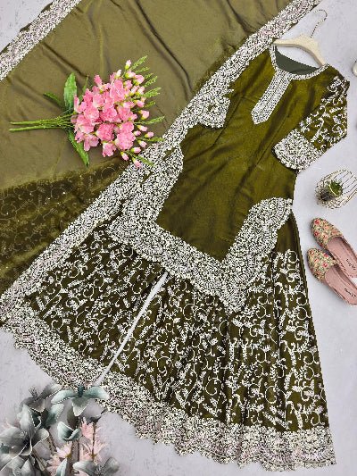Olive Green Silk Rich Embroidery Work Sharara Suit Set - BONYHUBSALWAR KAMEEZ