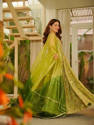 Olive Mustard Green Organza Sleeveless Gown with Dupatta Set Of 2 - BONYHUBSALWAR KAMEEZ