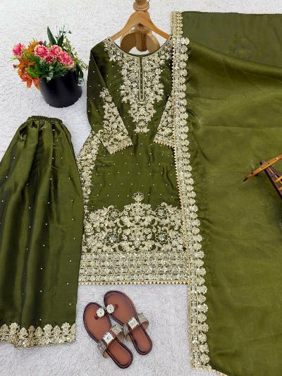 Olive Tissue Silk Gold Rich Embroidery Palazzo Suit - BONYHUBSALWAR KAMEEZ
