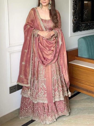 Onion Purple Crunchy Silk Embroidered Anarkali Suit Set - BONYHUBSALWAR KAMEEZ