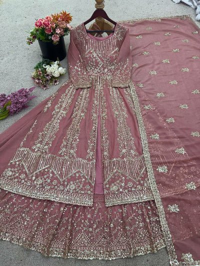Onion Pink Crunchy Silk Embroidered Anarkali Suit UK Next Day - BONYHUBSALWAR KAMEEZ