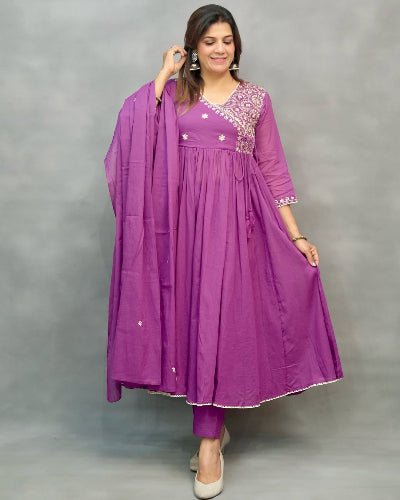 Onion Purple Beauty Cotton Angrakha Anakali Suit Set UK Next Day - BONYHUBSALWAR KAMEEZ