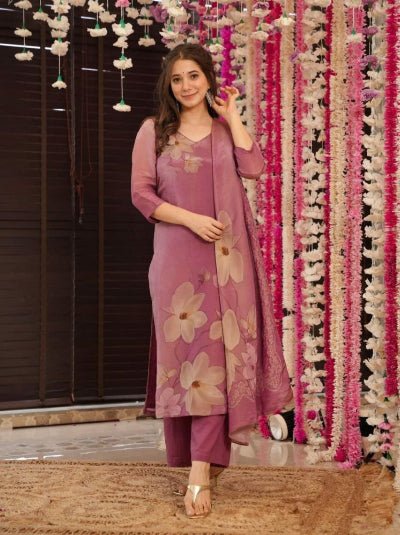 Onion Purple Silk Floral Salwar Suit Set - BONYHUBSALWAR KAMEEZ