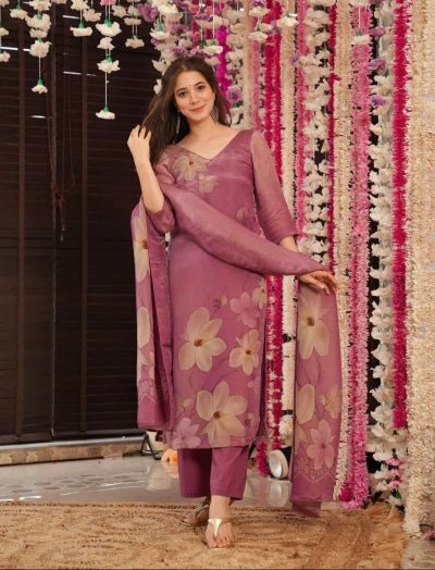 Onion Purple Silk Floral Salwar Suit Set - BONYHUBSALWAR KAMEEZ