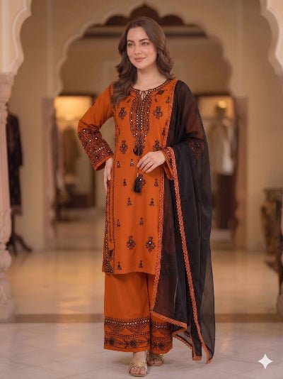Orange &amp; Black Embroidered Rayon Suit Set - BONYHUBSALWAR KAMEEZ