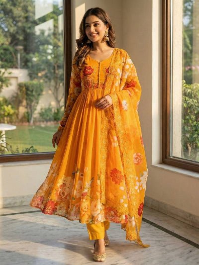 Orange Bloom Georgette Floral Anarkali Suit - BONYHUBSALWAR KAMEEZ