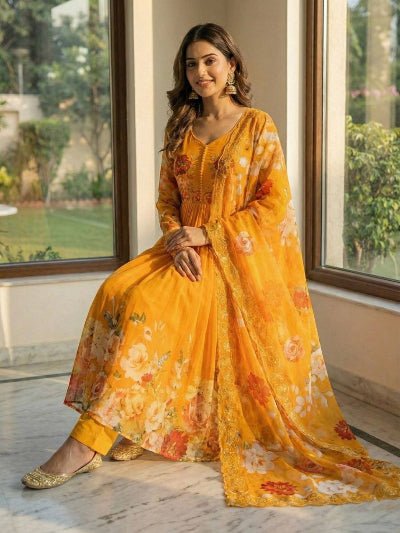 Orange Bloom Georgette Floral Anarkali Suit - BONYHUBSALWAR KAMEEZ