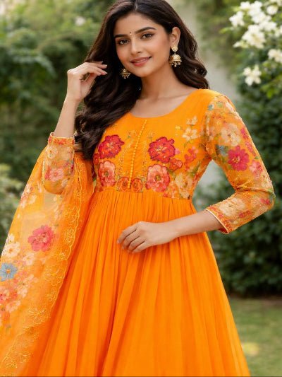 Orange Bloom Georgette Floral Anarkali Suit - BONYHUBSALWAR KAMEEZ
