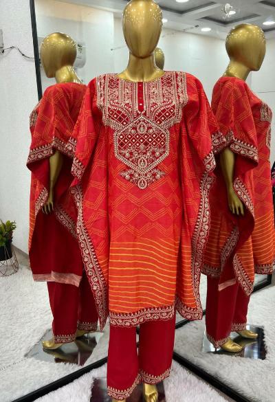 Orange Chinon Silk Bandhej Kaftaan Pant Set Of 2 UK Next Day - BONYHUBSALWAR KAMEEZ