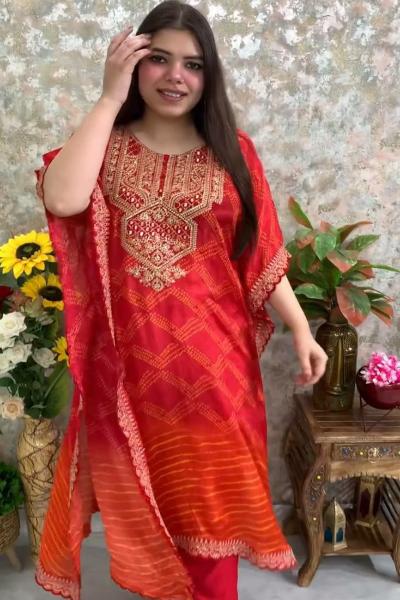 Orange Chinon Silk Bandhej Kaftaan Pant Set Of 2 UK Next Day - BONYHUBSALWAR KAMEEZ