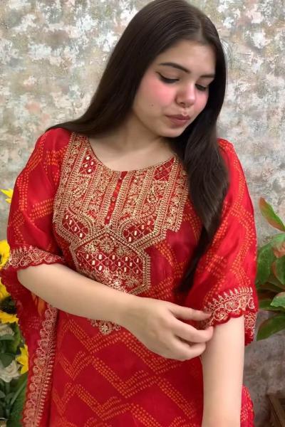 Orange Chinon Silk Bandhej Kaftaan Pant Set Of 2 UK Next Day - BONYHUBSALWAR KAMEEZ