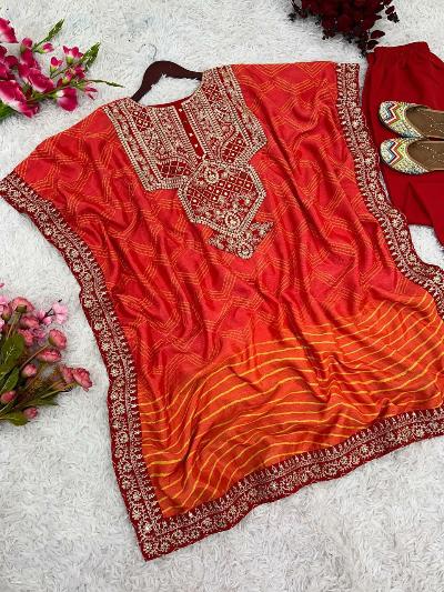 Orange Chinon Silk Bandhej Kaftaan Pant Set Of 2 UK Next Day - BONYHUBSALWAR KAMEEZ