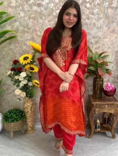 Orange Chinon Silk Bandhej Kaftaan Pant Set Of 2 UK Next Day - BONYHUBSALWAR KAMEEZ