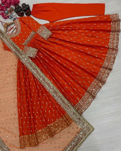 Orange Designer Chinon Silk Embroidered Anarkali Suit - BONYHUBSALWAR KAMEEZ