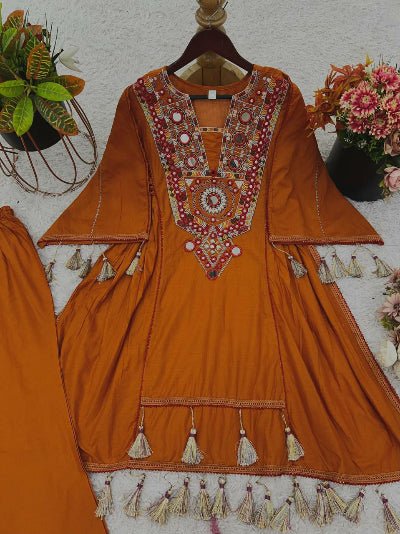 Orange Designer Mirror Work Boho Style Kurti Palazzo Set - BONYHUBSALWAR KAMEEZ