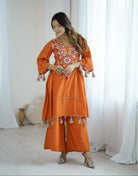 Orange Designer Mirror Work Boho Style Kurti Palazzo Set - BONYHUBSALWAR KAMEEZ