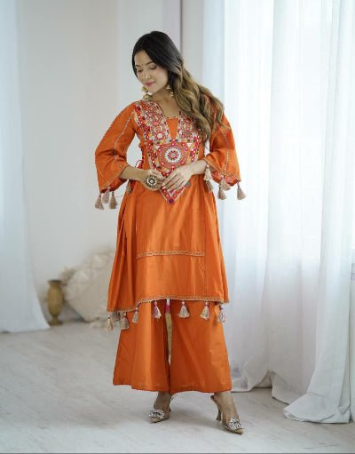 Orange Designer Mirror Work Boho Style Kurti Palazzo Set - BONYHUBSALWAR KAMEEZ