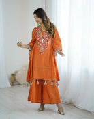 Orange Designer Mirror Work Boho Style Kurti Palazzo Set - BONYHUBSALWAR KAMEEZ