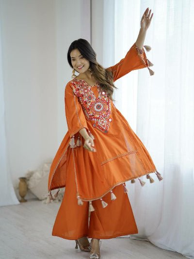 Orange Designer Mirror Work Boho Style Kurti Palazzo Set - BONYHUBSALWAR KAMEEZ