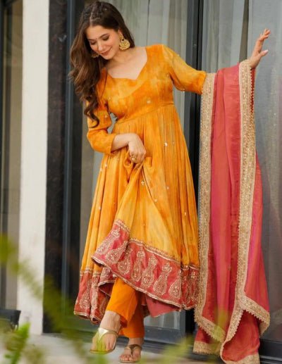 Orange Digital Printed Chinon Anarkali Suit Set - BONYHUBSALWAR KAMEEZ