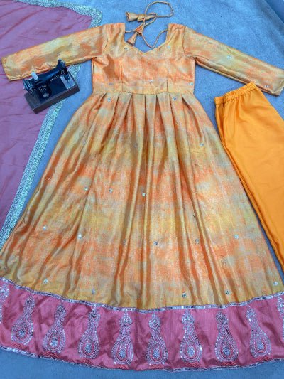 Orange Digital Printed Chinon Anarkali Suit Set - BONYHUBSALWAR KAMEEZ