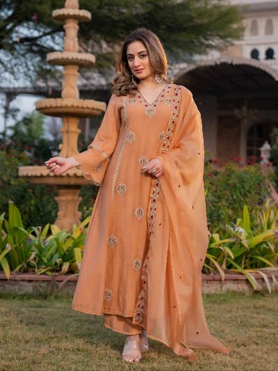 Orange Embroidered Crunchy Silk Straight Suit for Women - BONYHUBSALWAR KAMEEZ