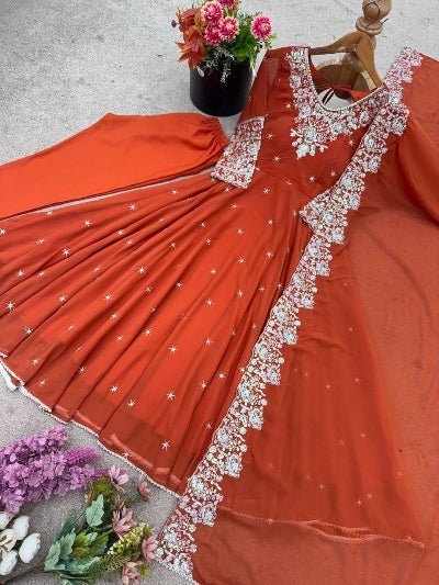 Orange Embroidery Sequence Moti Work Anarkali Suit Set - BONYHUBSALWAR KAMEEZ