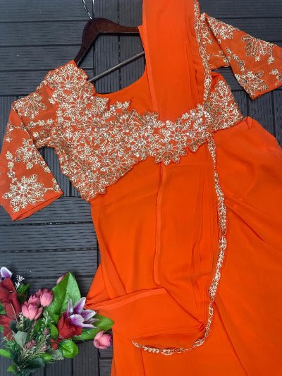 Orange Embroidery Trending Ready to wear Saree Gown - BONYHUBSAREE