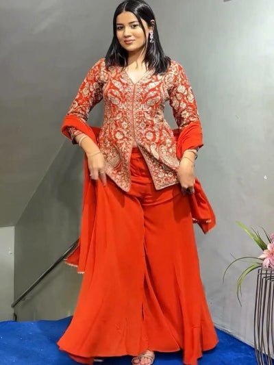 Orange Georgette Short Kurti, Sharara Palazzo, Dupatta Set - BONYHUBSALWAR KAMEEZ