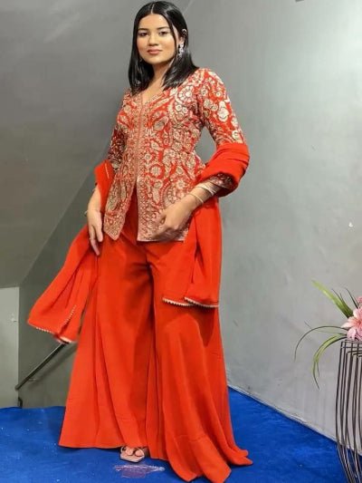 Orange Georgette Short Kurti, Sharara Palazzo, Dupatta Set - BONYHUBSALWAR KAMEEZ
