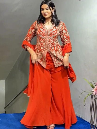 Orange Georgette Short Kurti, Sharara Palazzo, Dupatta Set - BONYHUBSALWAR KAMEEZ