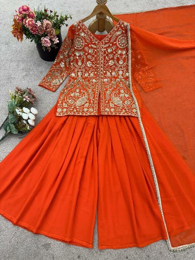 Orange Georgette Short Kurti, Sharara Palazzo, Dupatta Set - BONYHUBSALWAR KAMEEZ