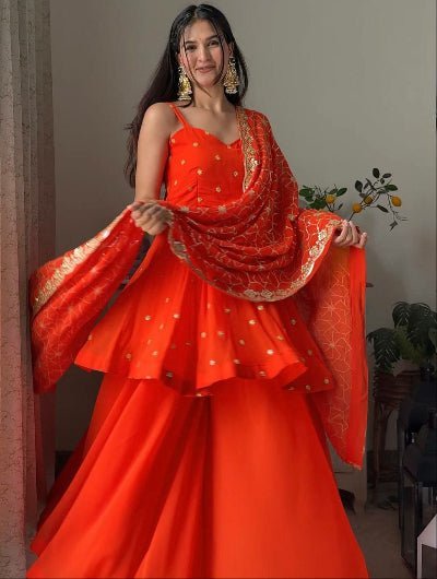 Orange Gold Intricate Embroidery Work Sharara Suit Set - BONYHUBSALWAR KAMEEZ