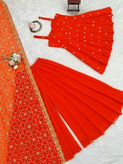 Orange Gold Intricate Embroidery Work Sharara Suit Set - BONYHUBSALWAR KAMEEZ