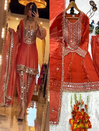 Orange Mirror Work Punjabi Dhoti Suit Set - BONYHUBSALWAR KAMEEZ