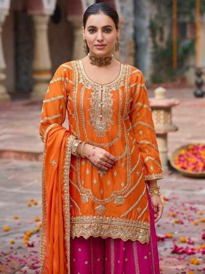 Orange &amp; Pink Chinon Embroidery Festive Sharara Suit - BONYHUBSALWAR KAMEEZ