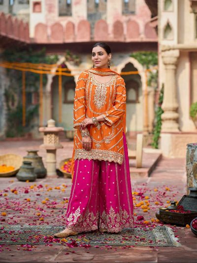 Orange &amp; Pink Chinon Embroidery Festive Sharara Suit - BONYHUBSALWAR KAMEEZ