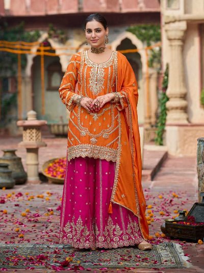 Orange & Pink Chinon Embroidery Festive Sharara Suit - BONYHUBSALWAR KAMEEZ